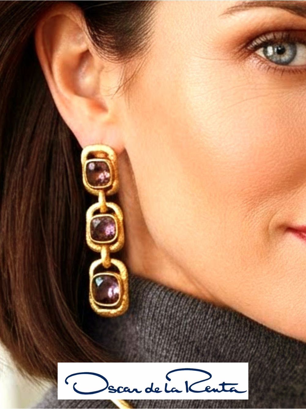 OSCAR DE LA RENTA Amethyst Crystal Earrings✨Gold Triple Drop Rectangles ✨CLIP ON - Picture 4 of 14